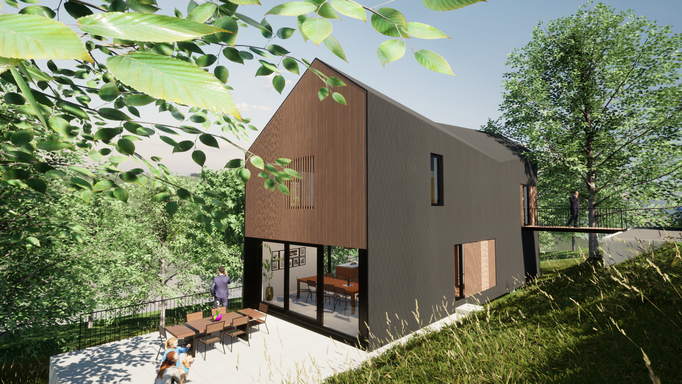 Maison à Profondeville - vue depuis la rue  ouest (ardoises et bois)