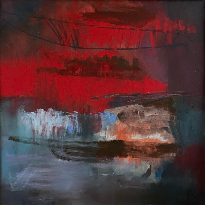 „an der Schwelle“, 2015/22, Eitempera, Seidenpapier auf Leinwand, 100 x 100 cm