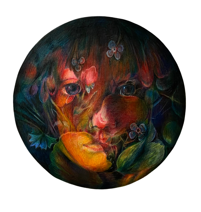 Pretend your like a flower 3 (2024), kleurpotlood op papier, 29 x 27 cm (getekende deel: diameter 19 cm).