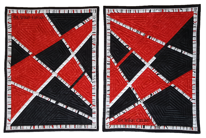 Kreuzungen (2-teilig) • Diptychon in schwarz, weiß und rot • zwei Paneele mit eingenähten schmalen Streifen (Mikadotechnik), wobei die Stoffe mehrfach untereinander getauscht wurden • gequiltet mit immer enger werdenden Polygonen • jew. 33 x 39 cm