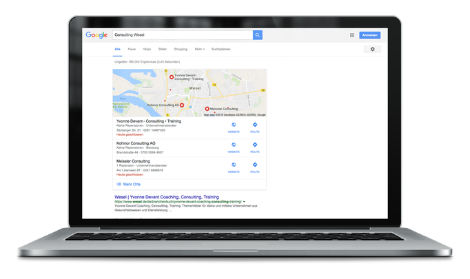 Google Suche mit Keywords *Consulting Wesel* – Yvonne Devant – Consulting · Training in Wesel