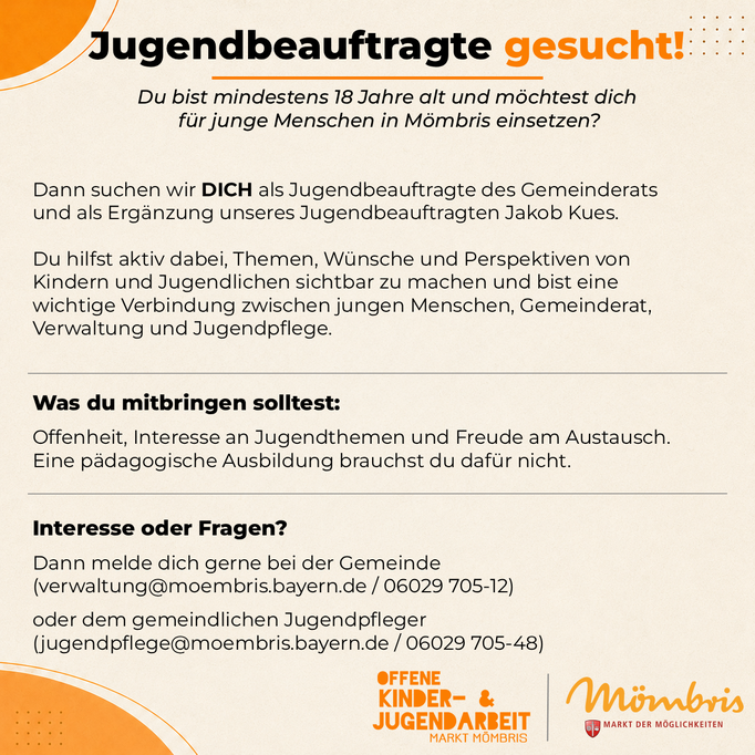 Grafik zur Suche nach einer Jugendbeauftragten für den Markt Mömbris mit Informationen zu Aufgaben, Voraussetzungen und Kontaktmöglichkeiten.
