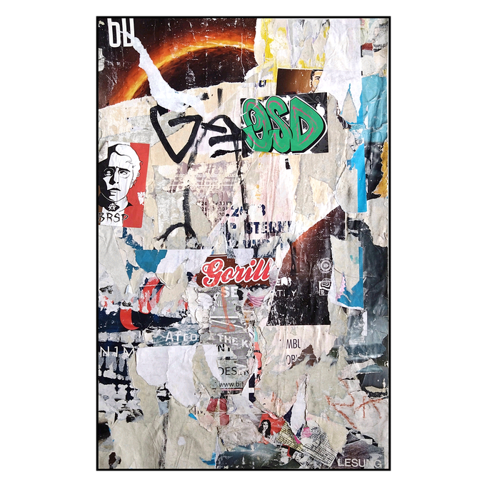 Gorill, décollage with stickers, paper, tapes, dirt, dust, plastic, 
