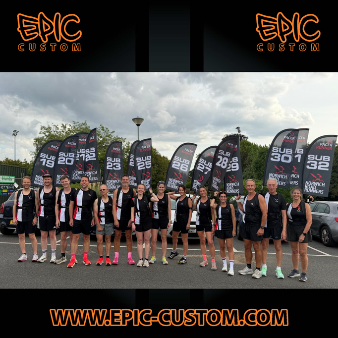 Group photo showing a range of custom printed pacer running flags