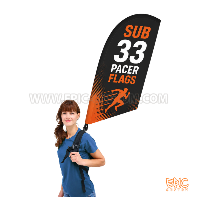 Feather style pacer flag providing excellent visibility for pace groups and event sponsors.