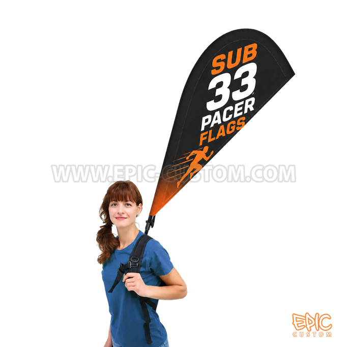Teardrop marathon pacer flag with custom pace time and event branding.
