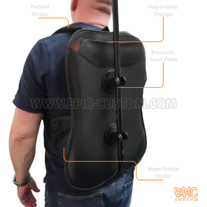 Marathon pacer flag backpack system worn by a runner showing the rear support harness for marathon and running event pacer flags.
