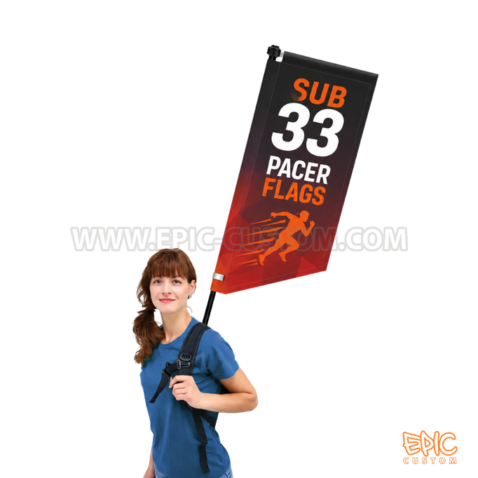 Banner style pacer flag ideal for marathons, half marathons and charity runs.