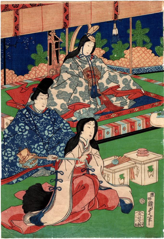 二代目歌川国貞による浮世絵三枚続「花揃春対面」の図です。