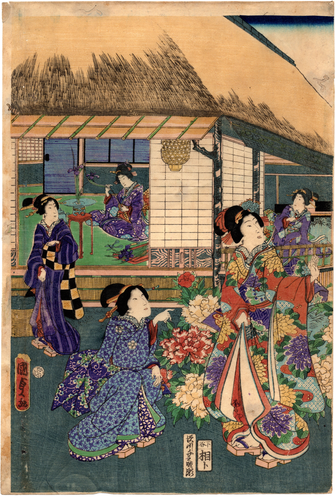 二代目歌川国貞による浮世絵三枚続「牡丹の園-今様源氏」の図です。