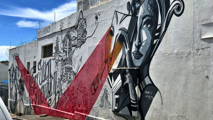 2018 | Kapstadt | Woodstock, «Sir Lowry Rd»: Interessante Graffiti in einer Seitenstrasse.