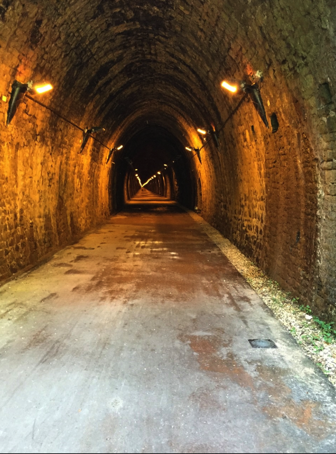 2015 | Fahrradtour «Burgund», Sologny: Auf der 3. Etappe immer der stillgelegten Bahntrasse entlang. Und durch einen 1,6 km langen Ex-Bahntunnel. Tolle Abkühlung bei dieser Hitze! 