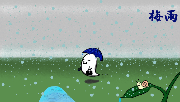 梅雨Dally：ベース素材を用いて描いた梅雨時期用の挿絵。『Dallyと女の子梅雨』と背景を共用しています。
