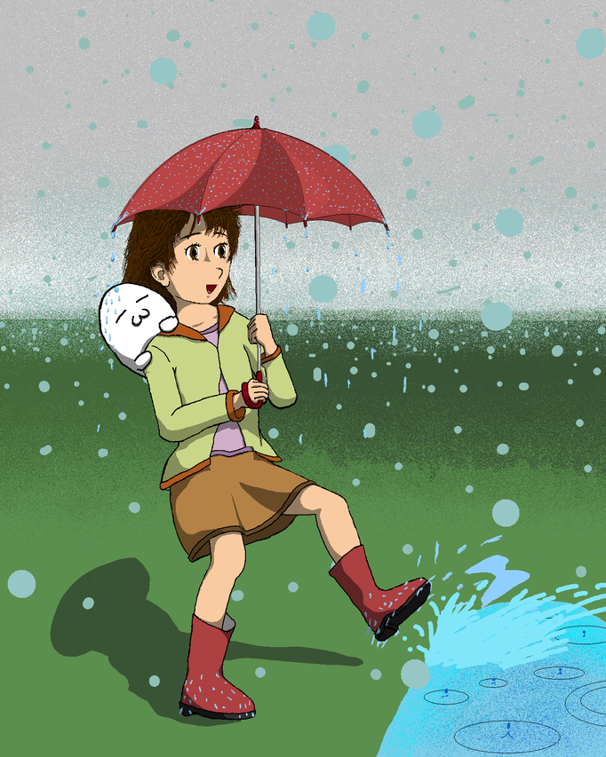 Dallyと女の子雨：水濡れや撥水の説明等で使用する挿絵です。傘が少々小さく描き過ぎて、Dallyさんが半濡れ状態に…。