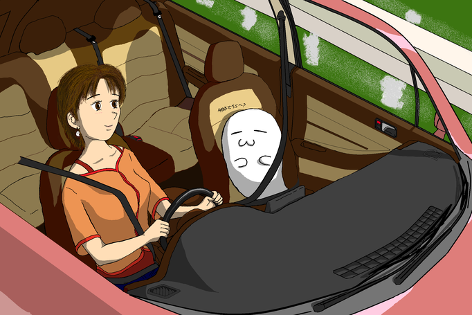 Dallyと女性ドライブ：車でちょっと郊外へお出掛けする挿絵。たまに1人でふらっと遠出したくなる時ってありますよね？