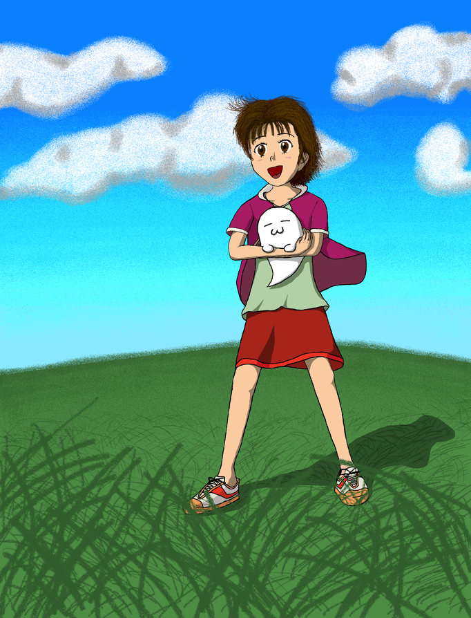 Dallyと女の子丘の上：女の子が小さな鞄を持って丘の上から眺める挿絵で、これも様々な場面で使う万能素材です。
