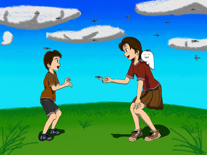 Dallyと姉弟：夏の時期に多くのトンボが飛び交い、たまに止まり木の如く指に乗せて遊んだ記憶があります。ふと思い出して、つい描いてしまった挿絵です。兄弟・兄妹・姉弟・姉妹、みんな仲良くね！