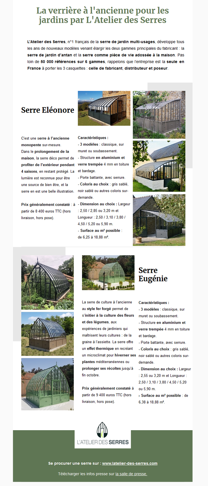 Dossier de presse Spécial "Verrières in & out door" - Serre de jardin L'Atelier des Serres