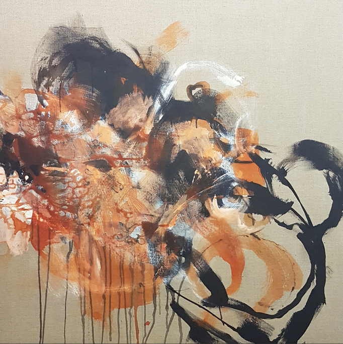 "Keine Worte" Acryl, Tusche auf Roh-Leinwand H/B 100x100