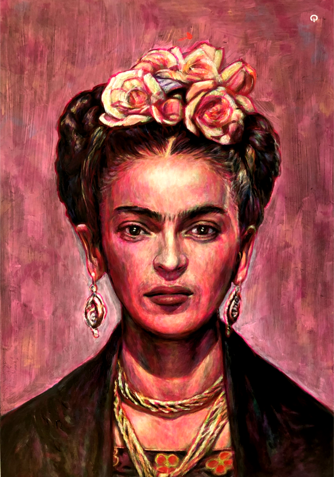 Retro Vintage Art Style Portrait Painting of World most famous Women Art Painter from Mexico- Blue House