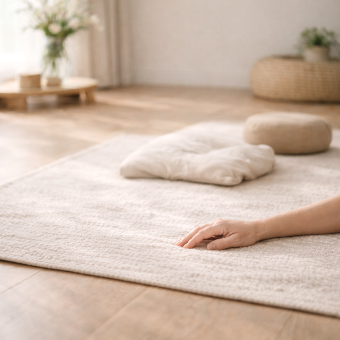 Rustige plek voor een online Feldenkraisles met mat en kussens op de vloer