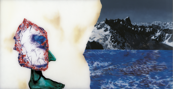 Sans titre n° 6  (bonhomme regardant la mer et la montagne) - huile sous verre - 78x143 cm - n° 7/2002 - série Caprices