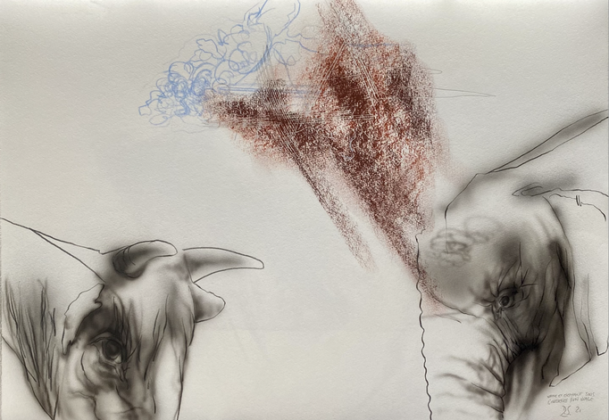 Vache et éléphant sous l'influence d'un nuage, 26,5 x 38,5 cm, encre, sanguine et stylo sur papier, 2021.