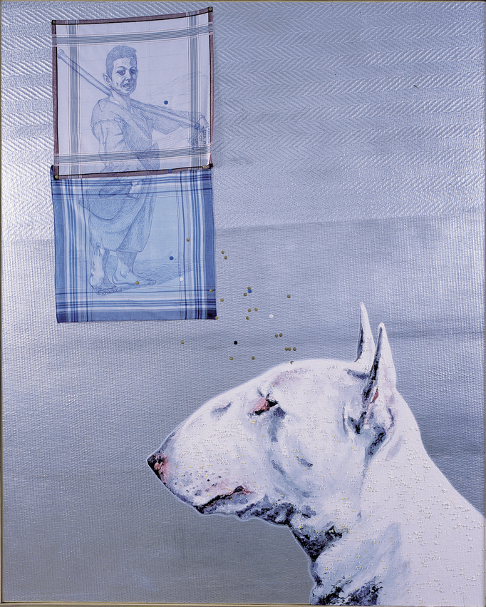 Le chien pense à Ribera - huile, perles sur feuille d’alu, stylo à bille et punaises sur mouchoirs - 150 x 124 cm - n°11/2000
