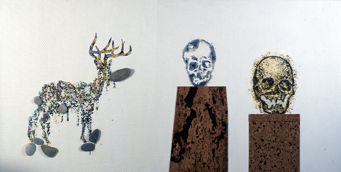 Composition avec branche morte - liège, boutons, perles et galets sur panneau préparé - 114 x 152 cm - 1996