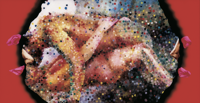 Sans titre n° 5  (rideaux regardant couple faisant l’amour) - huile sous verre - 78x143 cm - n° 6/2002 - série Caprices
