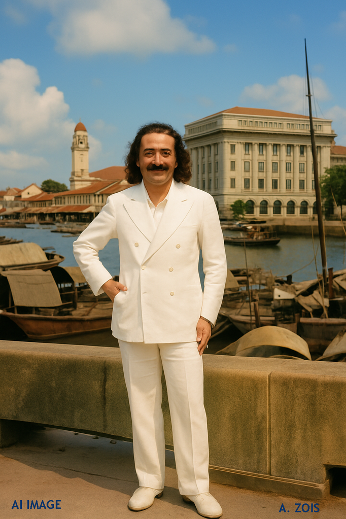 This is a AI produced image depicting Meher Baba in Singapore (Br.), based on Baba's photo taken in Nanking, China in 1932. Image produced by Anthony Zois.