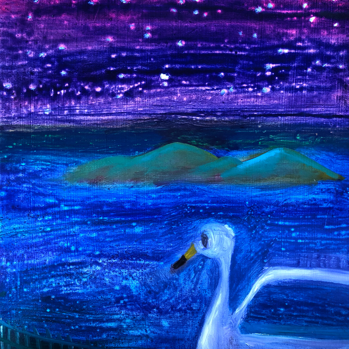 「洞爺湖」　油彩、アクリル、パネルにミュー・グラウンド　22.7×22.7cm　2019