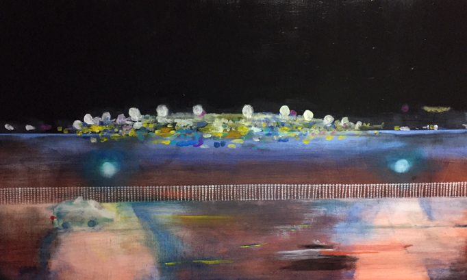 「涅槃空港」　油彩、パネルにミュー・グラウンド　97×162cm　2018