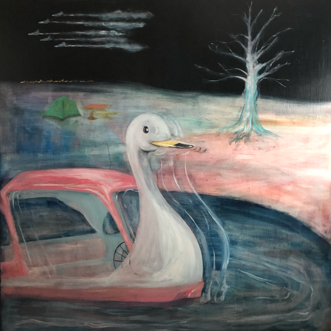 「闇夜に鉄砲」　油彩、パネル　162×162㎝　2021