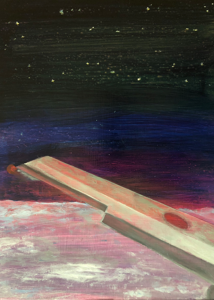 「night flight」　油彩、アクリル、パネルにミュー・グラウンド　41×31.8cm　2019
