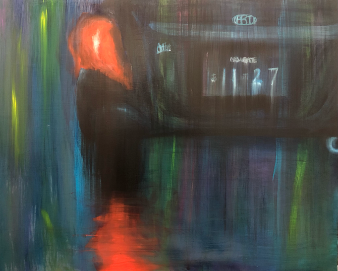 「雨音」　油彩、アクリル、パネルにミュー・グラウンド　60.6×72.7㎝　2020