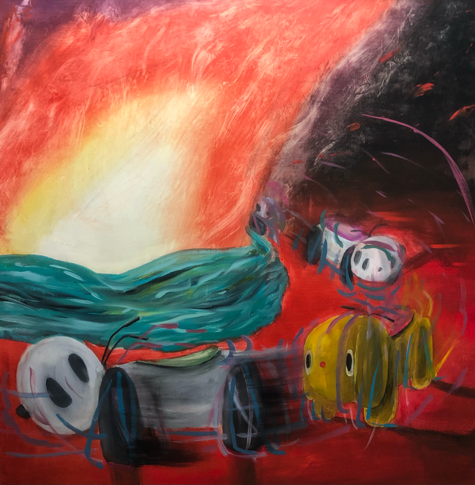「Flame」　油彩、パネルにミュー・グラウンド　116.7×116.7㎝　2021