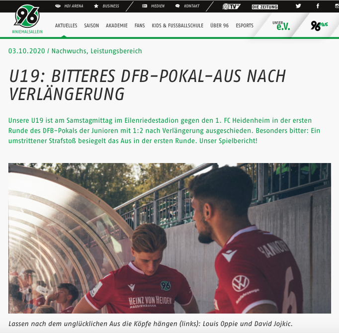 - 03.10.2020 - U19: Bitteres DFB-Pokal-Aus nach Verlängerung 