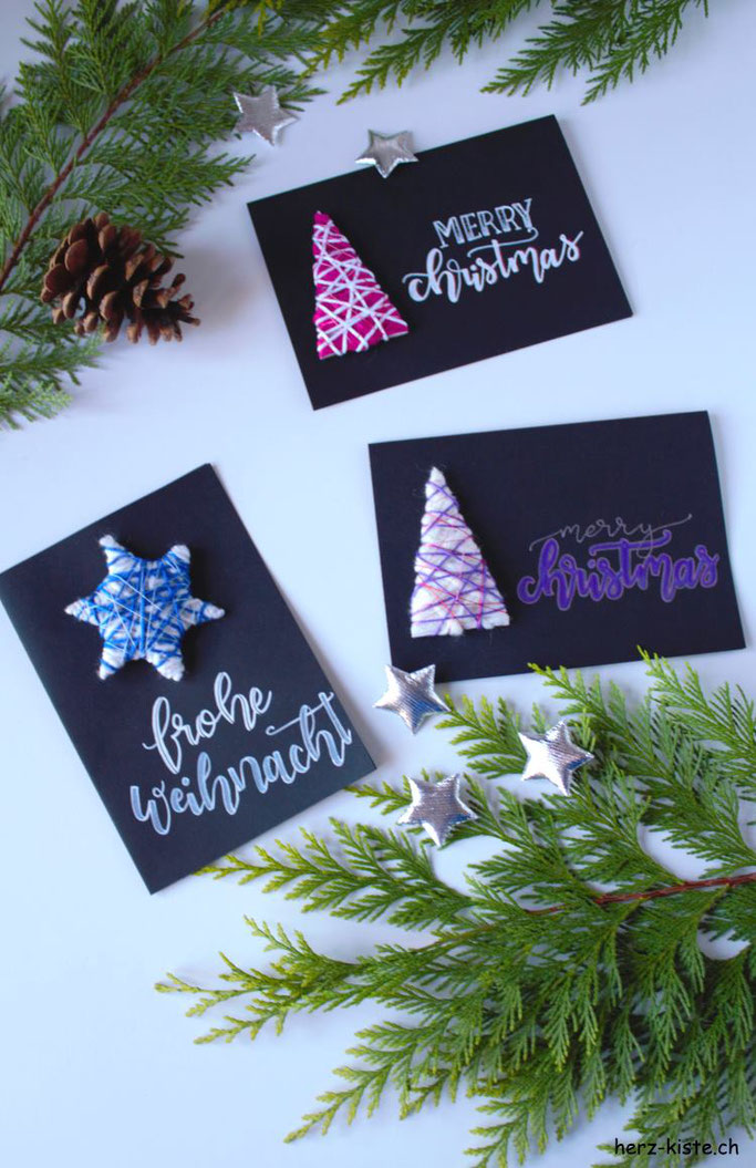 DIY Anleitung: Weihnachtskarten selbermachen mit einem Tannenbaum den du mit Wolle und Garn umwickelst. Einfache aber tolle Idee für die Adventszeit.