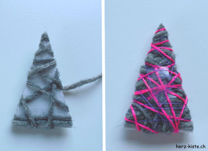 DIY Anleitung für eine Weihnachtskarte mit Tannenbaum: Den Tannenbaum mit Wolle und Garn umwickeln.