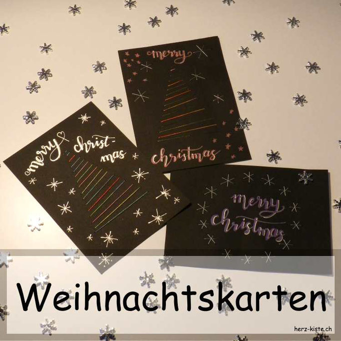 Weihnachtskarten selber machen mit Garn und Lettering