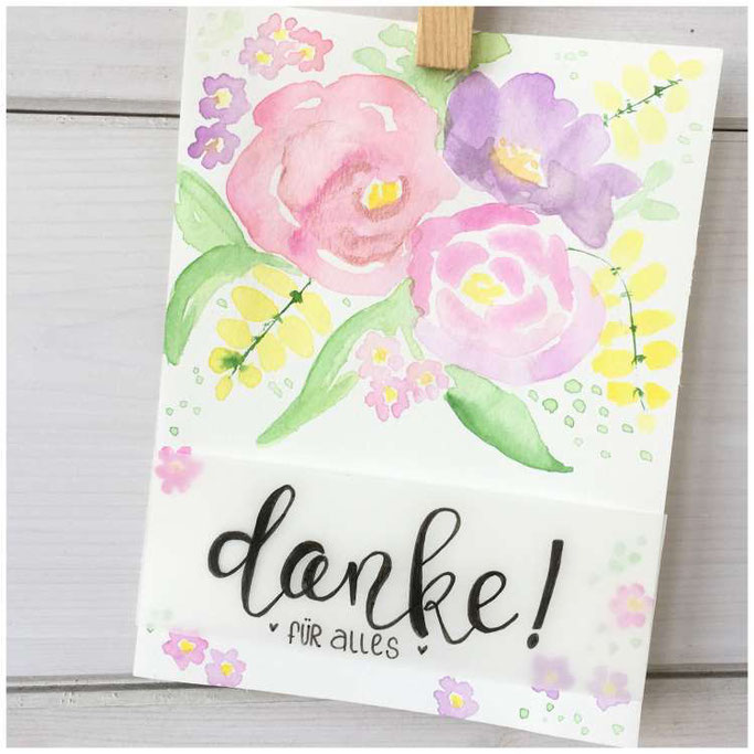 Handlettering - Letter Lovers maryluskleinekunst: Danke Lettering mit Aquarellblumen