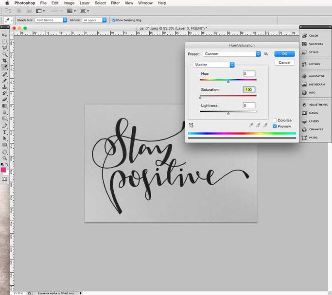 Lettering digitalisieren mit Photoshop - Sättigung verringern