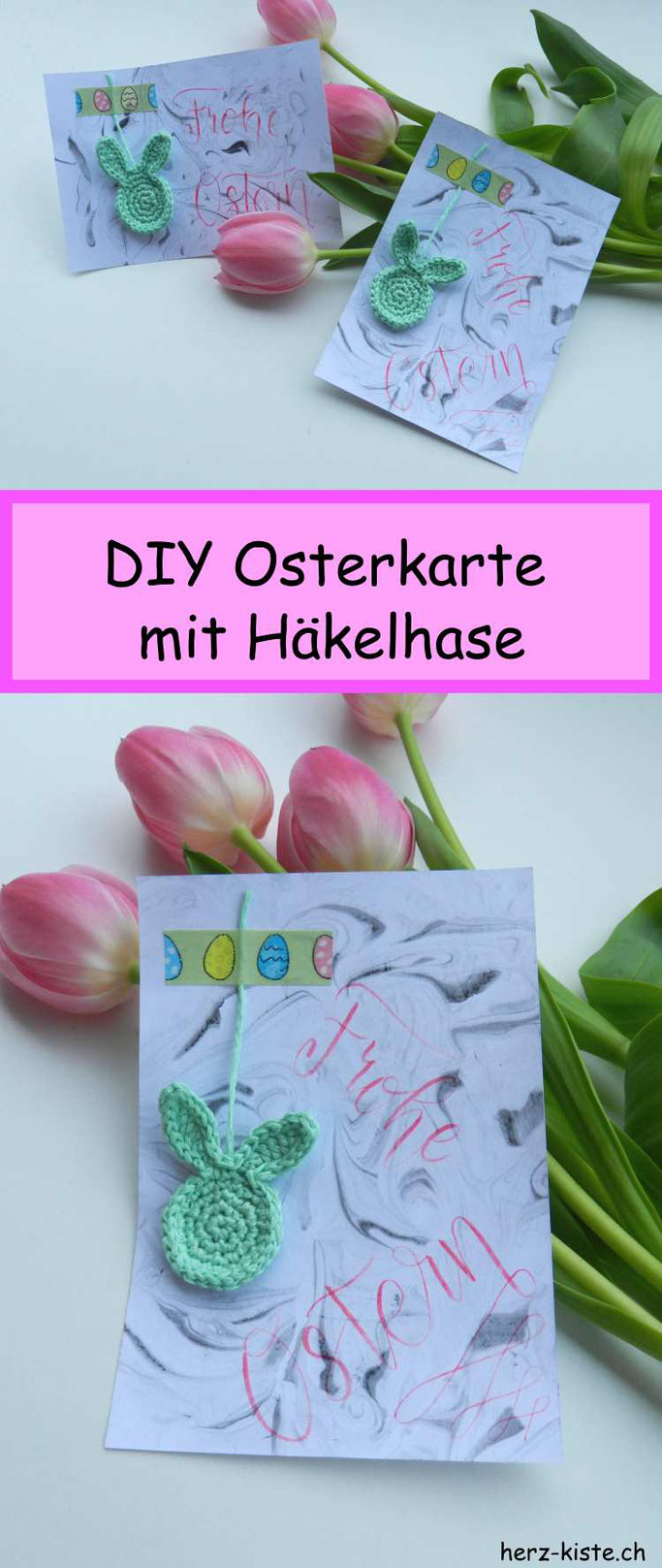 DIY Bastelidee zu Ostern: eine Osterkarte mit Marmorierhintergrund, Handlettering und einem Häkelhasen selber machen. So einfach geht Freude verschenken!
