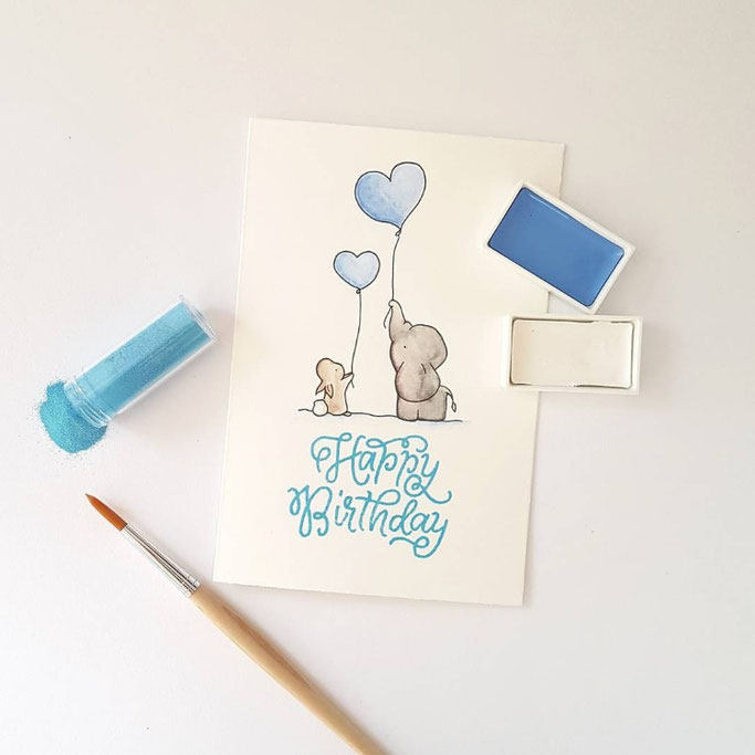 Happy Birthday Geburtstagskarte mit Elefant und Hase - Handlettering von fraeulein_flausch für die Letter Lovers