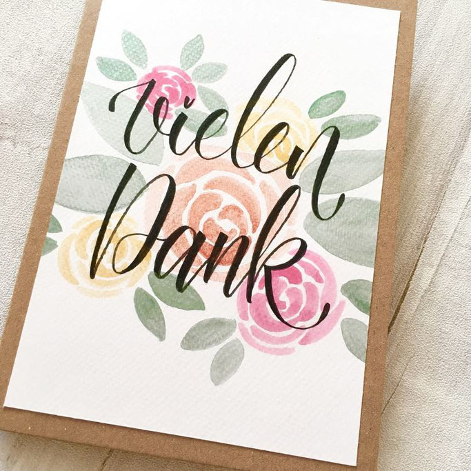 Lettering Karte mit Aquarell Blumen - vielen Dank (Letter Lovers cornlandart)