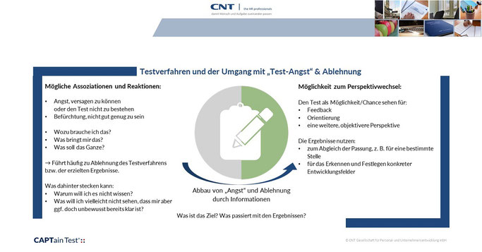 Testverfahren und der Umgang mit „Test-Angst“ & Ablehnung: Abbau von „Angst“ und Ablehnung durch Informationen - Was ist das Ziel? Was passiert mit den Ergebnissen? > Möglichkeit zum Perspektivwechsel für Feedback und Orientierung