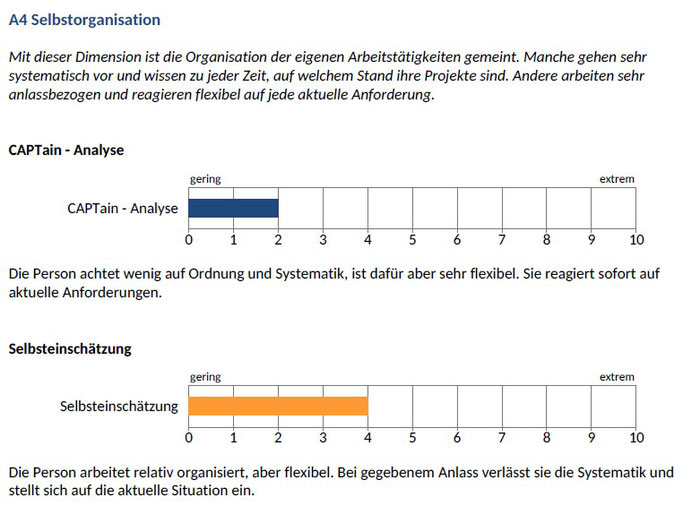 Beispiel für ein Auswertungsmodul des CAPTain::advanced®; jeder einzelne Ergebniswert beschrieben und wenn vorhanden mit der Selbsteinschätzung verglichen; hier geht es um die Dimension Selbstorganisation