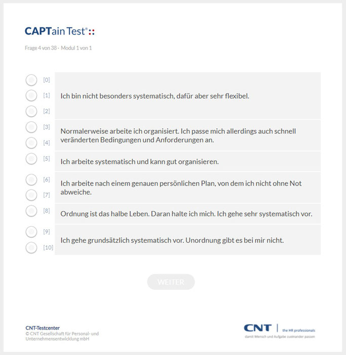 Der CAPTain-Fragebogen kann mit dem CAPTain®::Subjektiv kombiniert werden. Dieser enthält Fragen zur Selbsteinschätzung; der Selbsteinschätzungsfragebogen kann optional durchgeführt werden; die Ergebnisse werden denen des CAPTain Test® gegenübergestellt