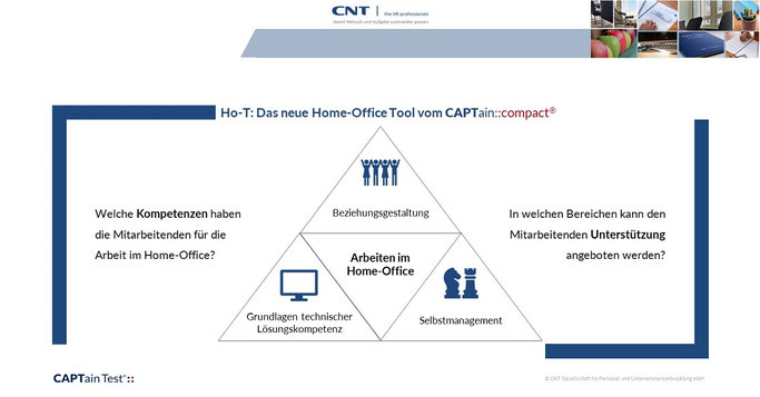 Die neue CAPTain Test®-Auswertung für die Arbeit im Home-Office – der CAPTain::compact® home office > Sie verstehen, in welchen Bereichen Mitarbeitende und Führungskräfte im Unternehmen noch Unterstützung für die Arbeit im Home-Office brauchen können.